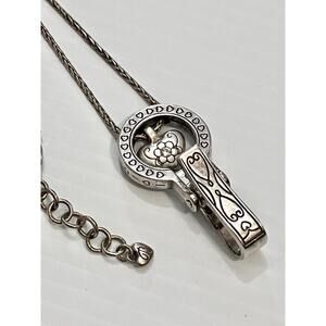 BRIGHTON Silver Crystal Heart Lanyard Badge ID Clip Necklace 32-36" Wheat Chain